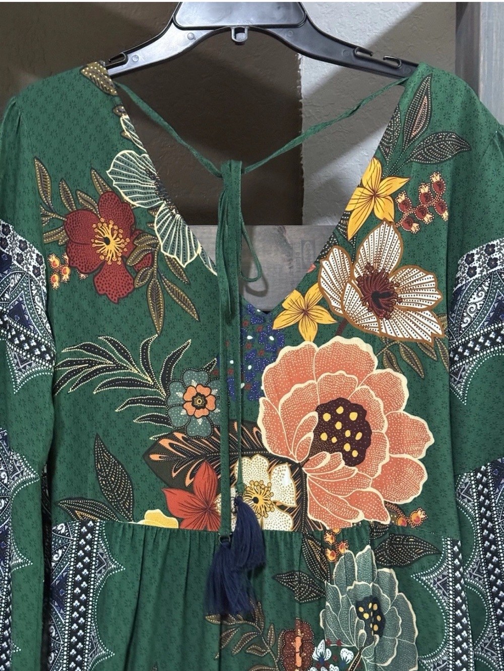 Farm Rio Anthropologie Verdor Maxi Dress Floral Long Sleeve Emerald Green M new - Picture 9 of 13